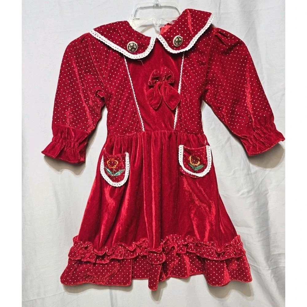 Vintage Girls Dress Size 5 Red Velvet  Bow‎ Pockets Lot Of 3